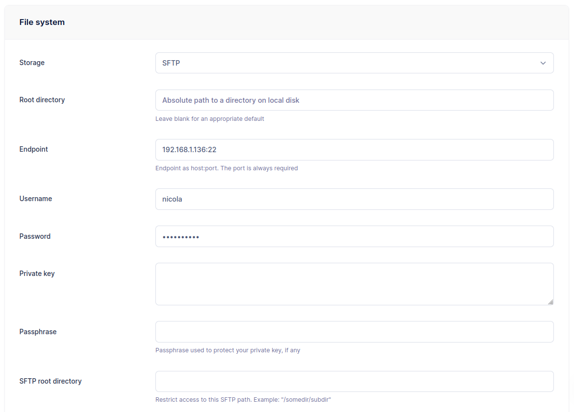 User using another SFTP server as storage backend