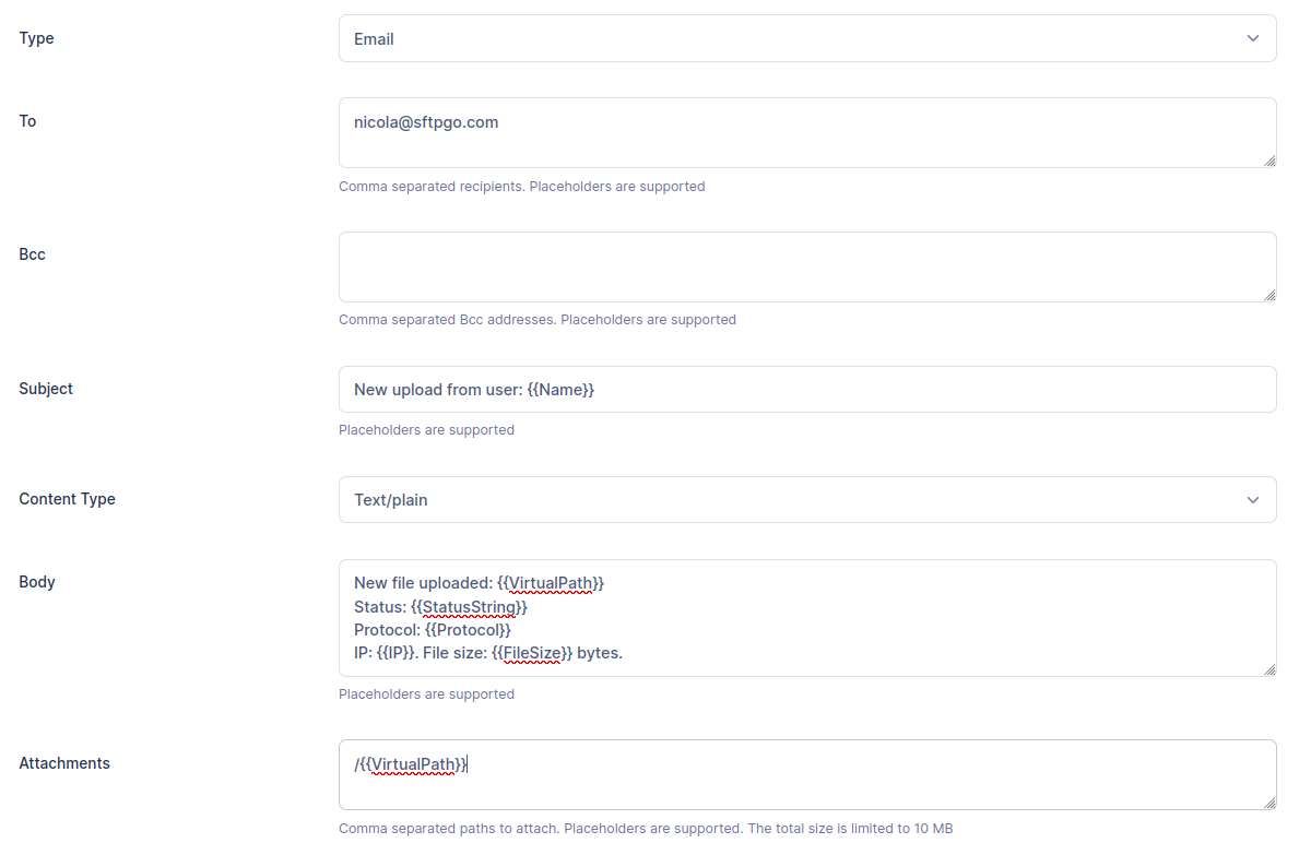 Upload notification action