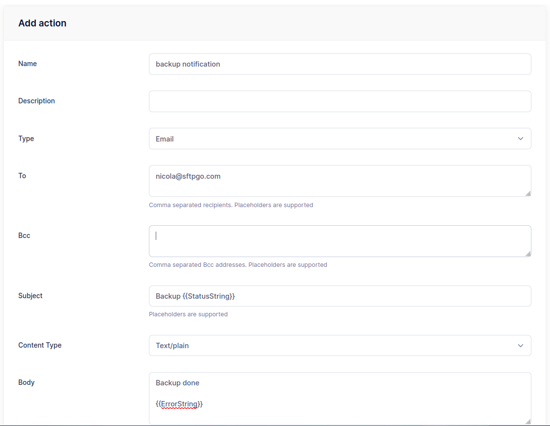 Backup notification action
